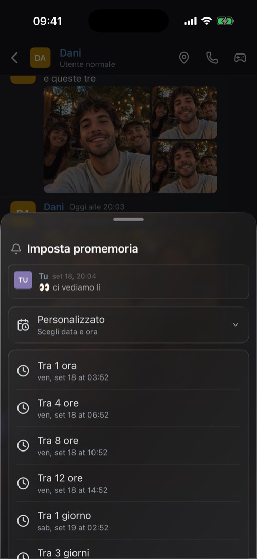 Il pannello Imposta promemoria con orari da un'ora a una settimana