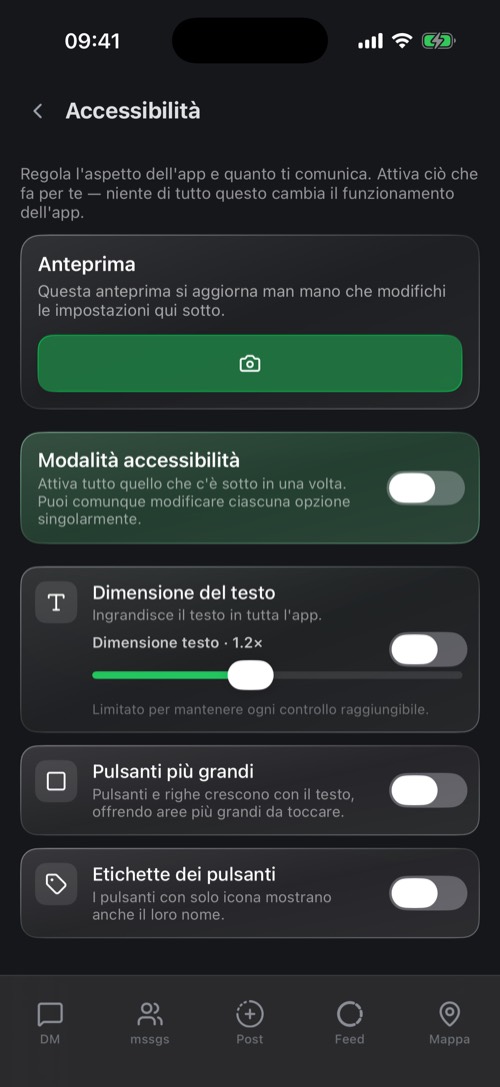 Le impostazioni Accessibilità con un'anteprima dal vivo e il cursore della dimensione del testo