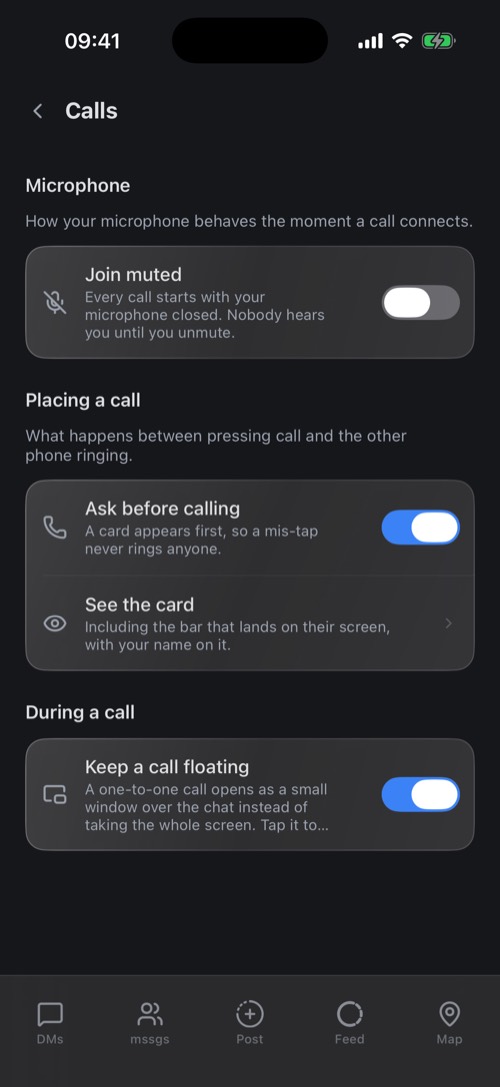 The Calls settings: join muted, ask before calling, keep a call floating
