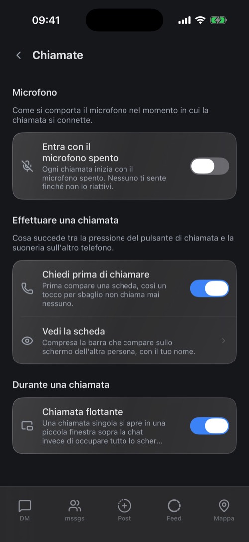 Le impostazioni Chiamate: entra con il microfono spento, chiedi prima di chiamare, chiamata flottante