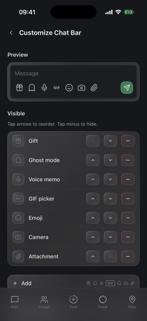 The Customize Chat Bar screen with visible and hidden buttons