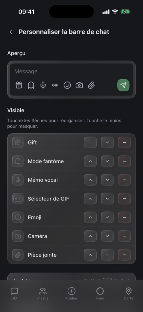 L'écran Personnaliser la barre de chat avec les boutons visibles et masqués