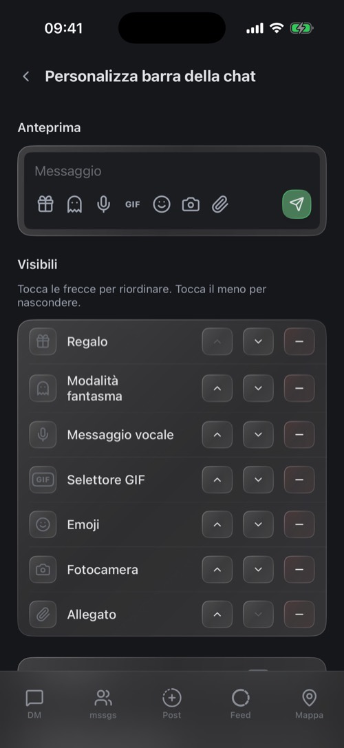 La schermata Personalizza barra della chat con i pulsanti visibili e nascosti