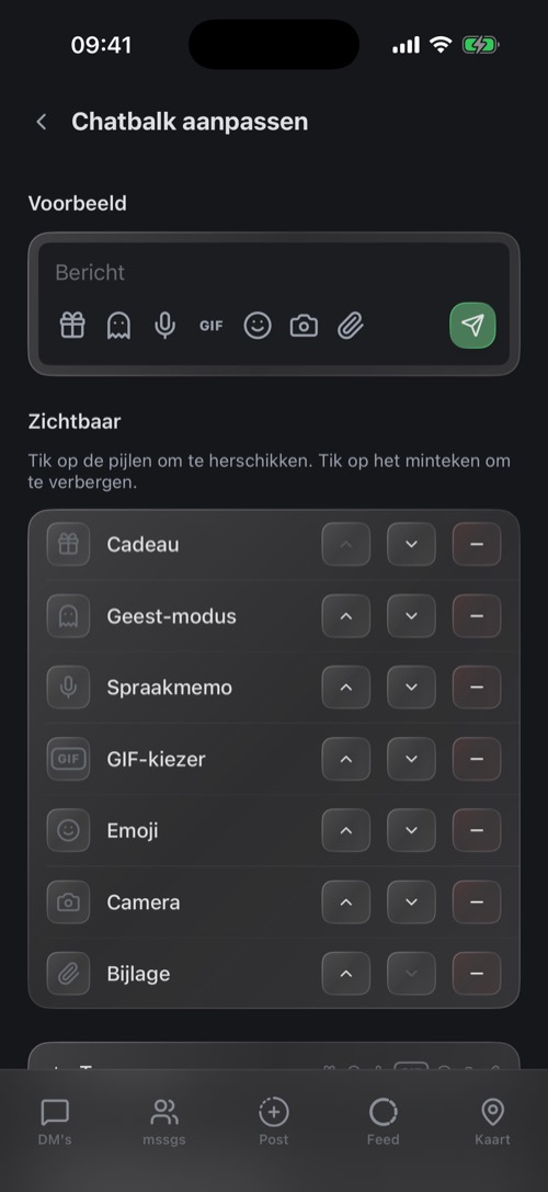 Het scherm Chatbalk aanpassen met zichtbare en verborgen knoppen