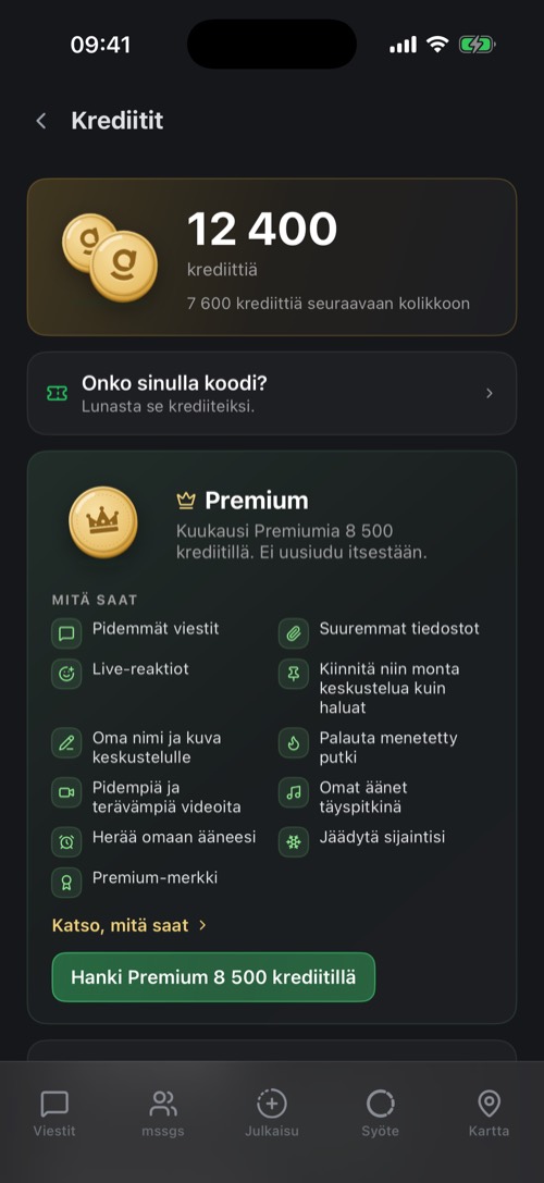 Krediitit-asetukset, joissa on saldo, koodin lunastus ja Premium-kortti