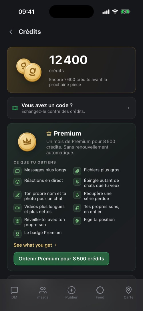 Les réglages Crédits avec un solde, l'utilisation d'un code et la carte Premium