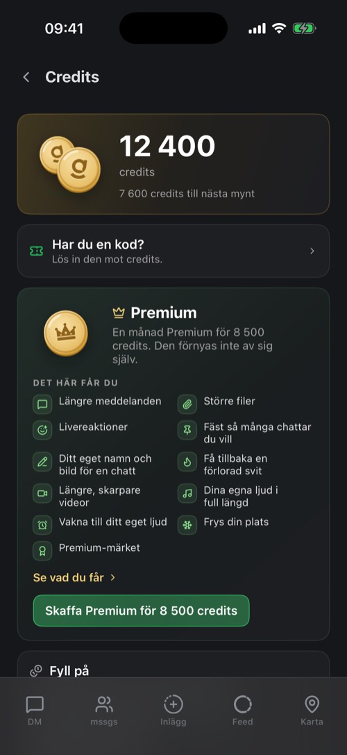 Credits-inställningarna med saldo, inlösen av kod och Premium-kortet