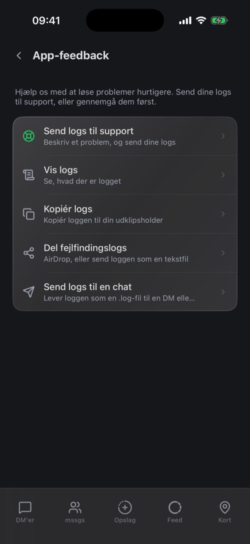 Skærmen Feedback på appen med Send logs til support