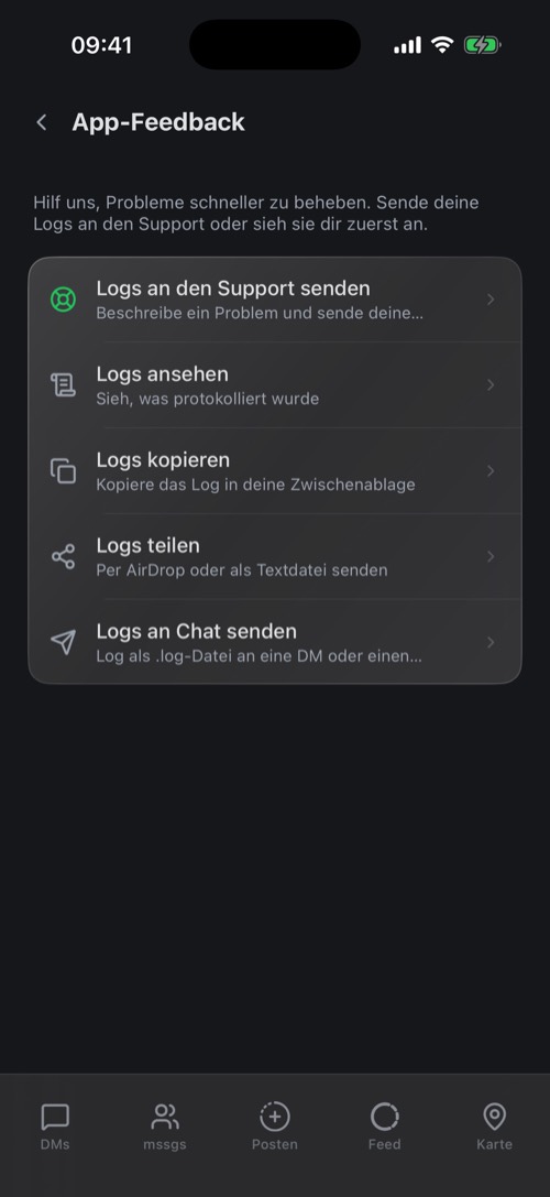 Der Bildschirm App-Feedback mit Logs an den Support senden