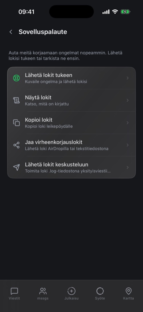 Palaute sovelluksesta -näkymä, jossa on Lähetä lokit tukeen