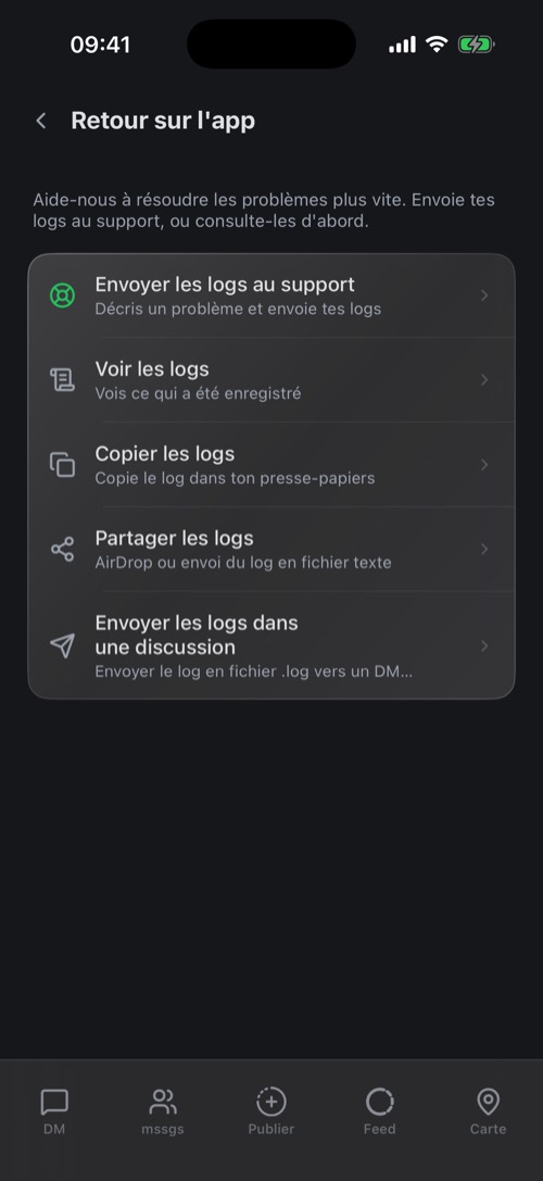 L'écran Retour sur l'app avec Envoyer les logs au support