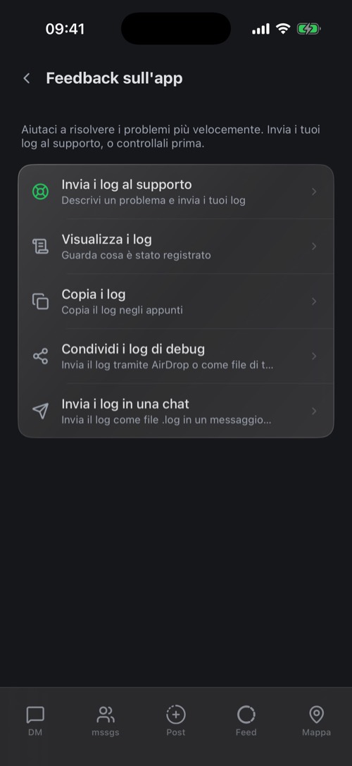 La schermata Feedback sull'app con Invia i log al supporto