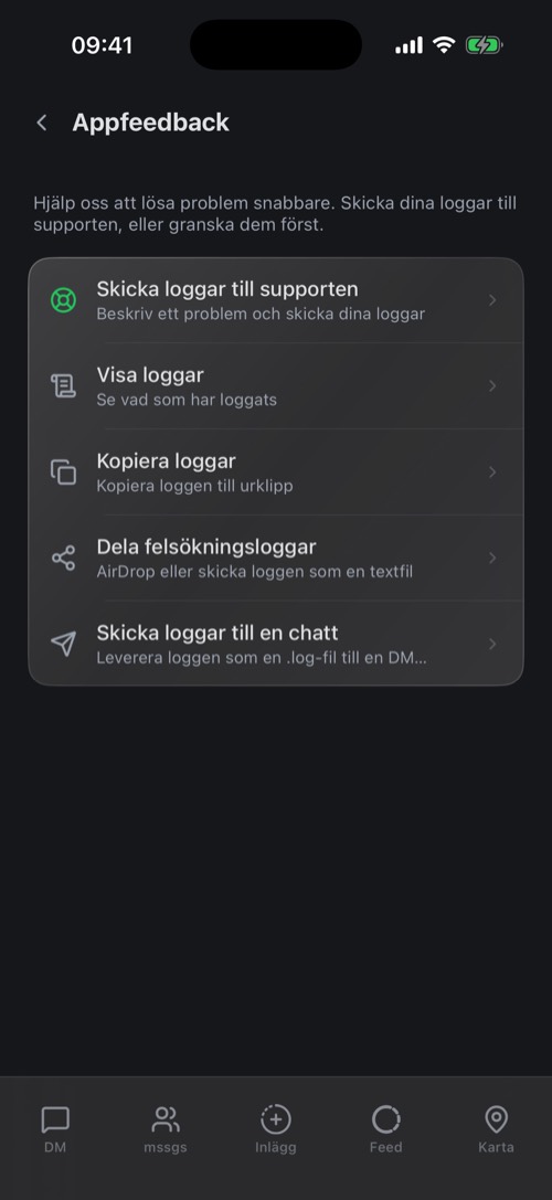 Skärmen Feedback om appen med Skicka loggar till supporten
