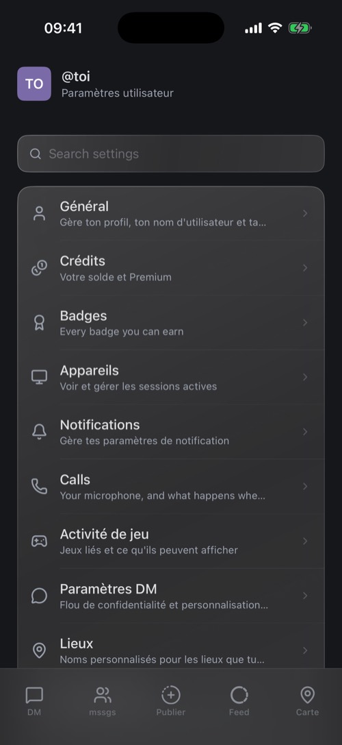 L'écran Réglages avec une barre de recherche et la liste des écrans de réglages