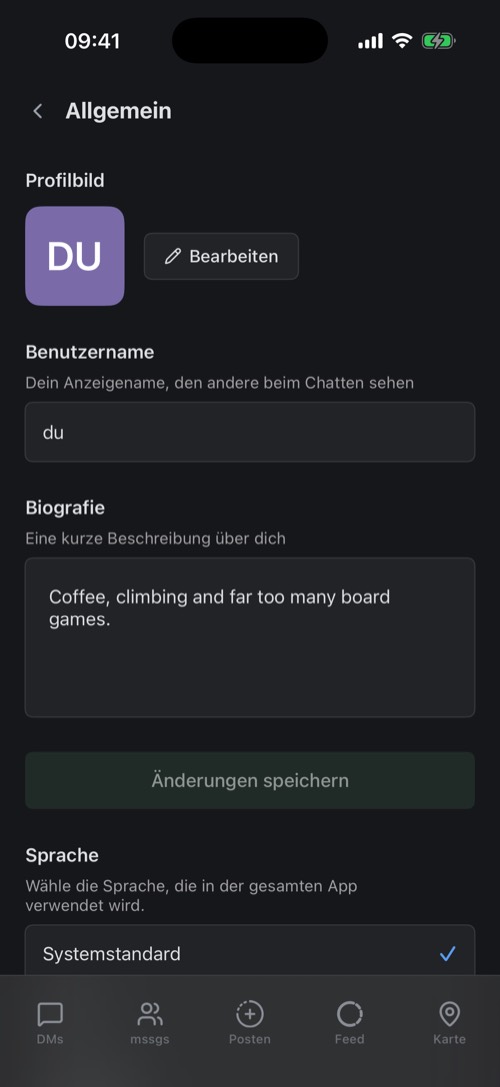 Die allgemeinen Einstellungen mit Profilbild, Benutzername und Biografie
