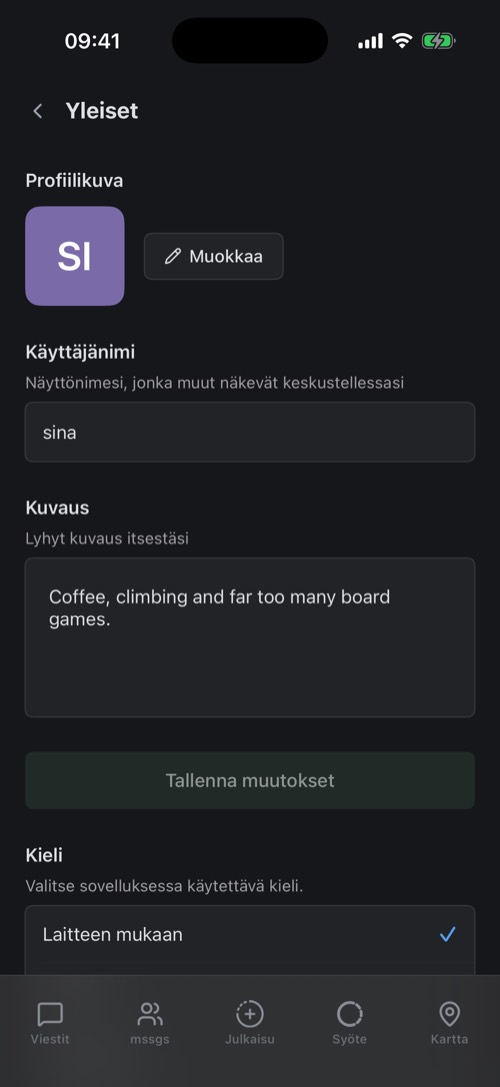 Yleiset-asetukset, joissa on profiilikuva, käyttäjänimi ja kuvaus