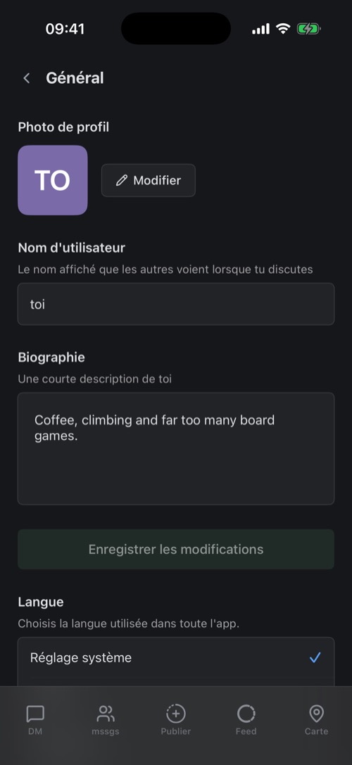 Les réglages Général avec la photo de profil, le nom d'utilisateur et la biographie
