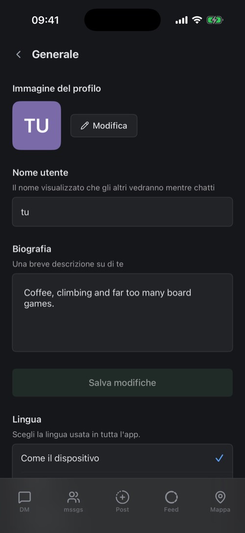 Le impostazioni Generale con immagine del profilo, nome utente e biografia
