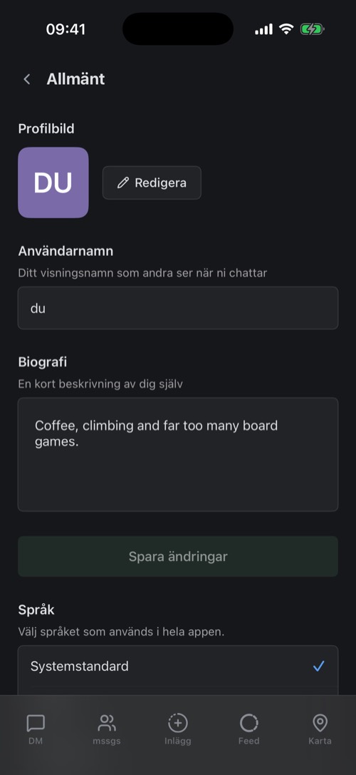 Inställningen Allmänt med profilbild, användarnamn och biografi