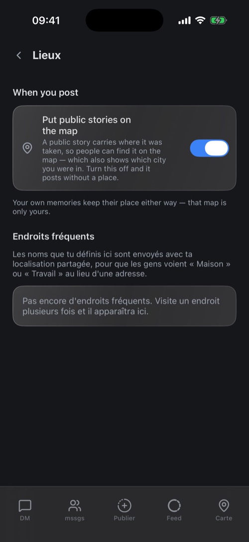 Les réglages Lieux avec les stories publiques sur la carte et les endroits fréquents