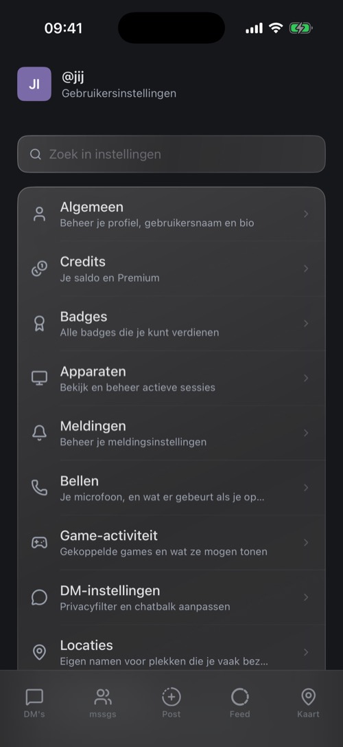 Het scherm Instellingen met een zoekbalk en een lijst met instellingenschermen