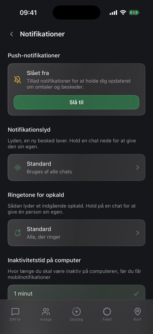 Notifikationsindstillingerne med push-status, notifikationslyd og ringetone for opkald