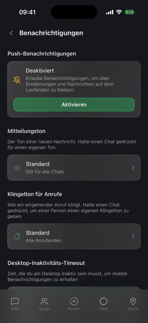 Die Einstellungen für Benachrichtigungen mit Push-Status, Mitteilungston und Klingelton für Anrufe