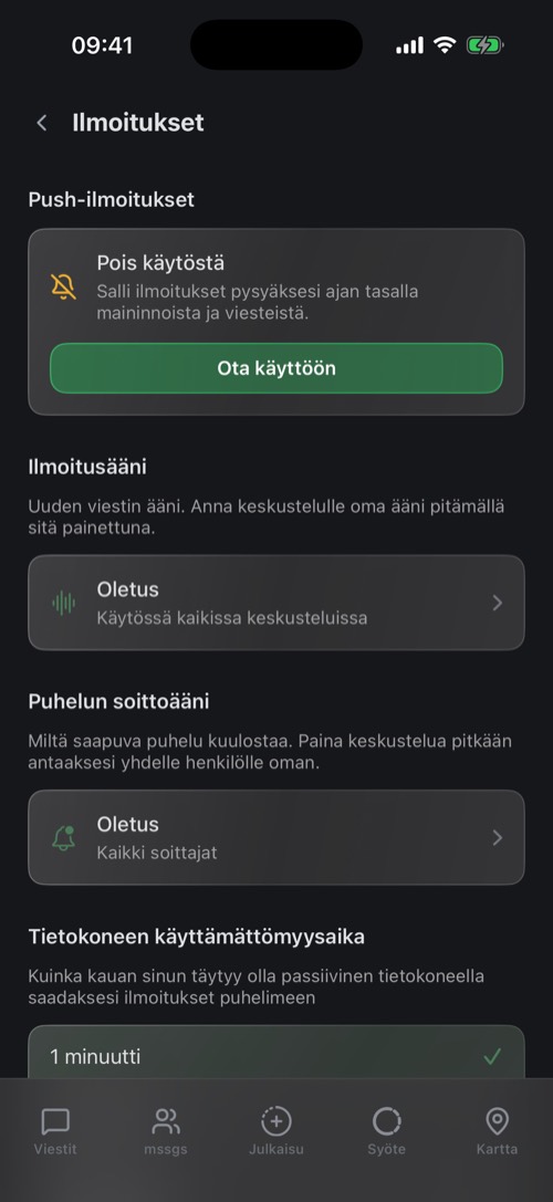 Ilmoitusasetukset, joissa on push-tila, ilmoitusääni ja puhelun soittoääni