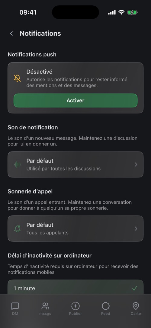 Les réglages Notifications avec l'état des notifications push, le son de notification et la sonnerie d'appel