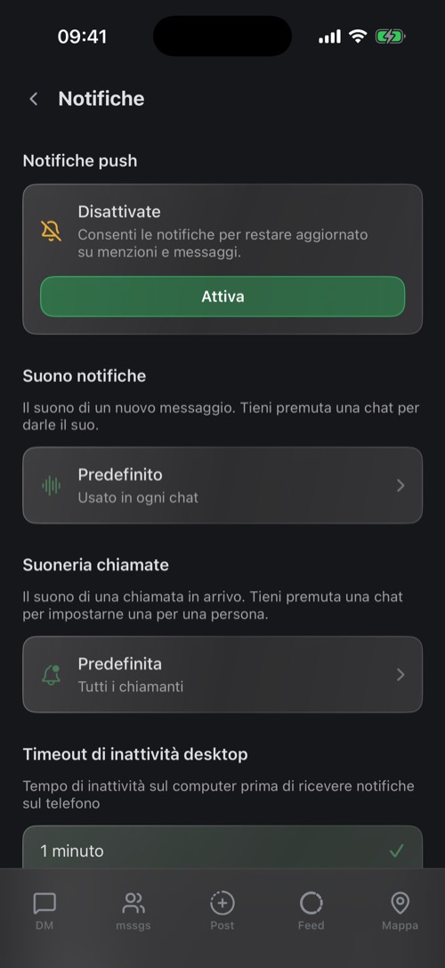 Le impostazioni Notifiche con lo stato delle push, il suono delle notifiche e la suoneria delle chiamate