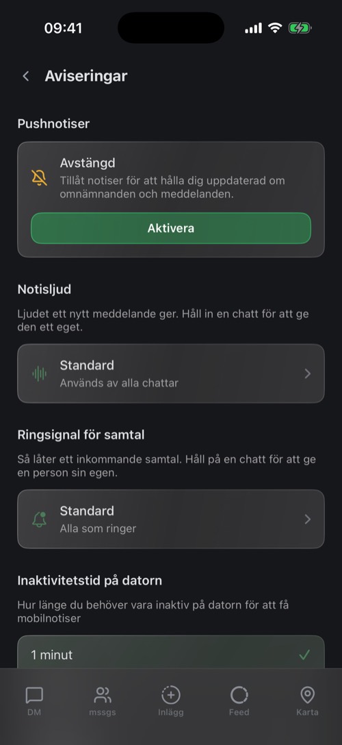Aviseringsinställningarna med pushstatus, notisljud och ringsignal för samtal
