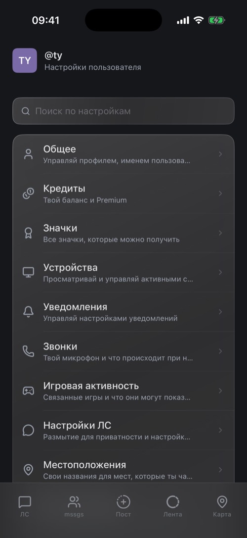 Экран настроек со строкой поиска и списком разделов